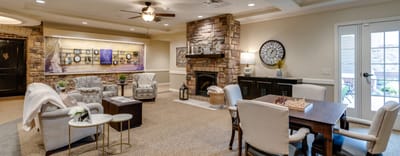 Interior of a cozy common area with seating
