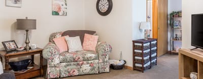 Cozy living room with floral couch and decor