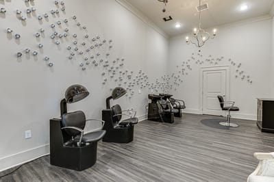 Interior of a hair salon with styling chairs