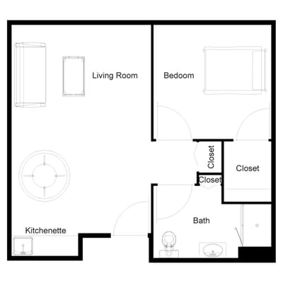 Architectural floor plan of a one-bedroom unit.