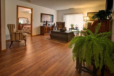 Interior view of a cozy common area with seating