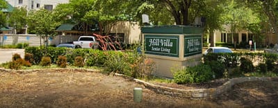 Outdoor view of Hill Villa Senior Living entrance