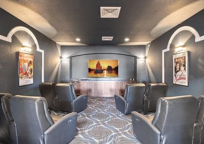 Interior view of a cozy movie theater room