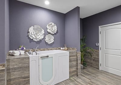 Spa-like bathroom with modern fixtures and decor