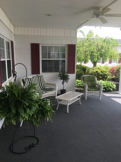 Cozy outdoor seating area with ferns and wicker chairs