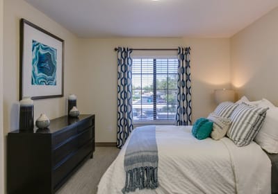 Cozy bedroom with modern decor and natural light