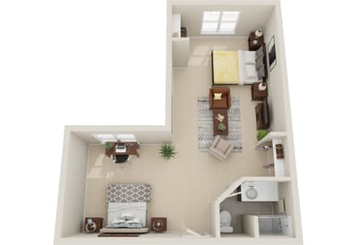 Layout of a private resident room with furniture