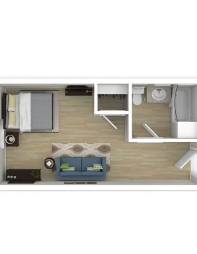 Aerial view of a room with a bed and couch