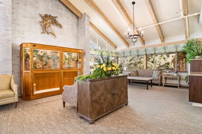 Bright and inviting common area with seating and decor