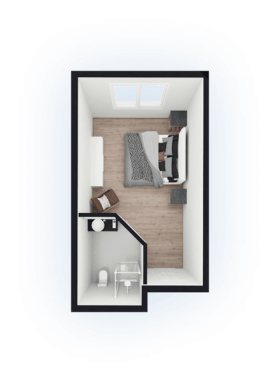 Top-down view of a private resident room layout