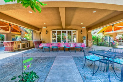 Outdoor patio area with tables and seating