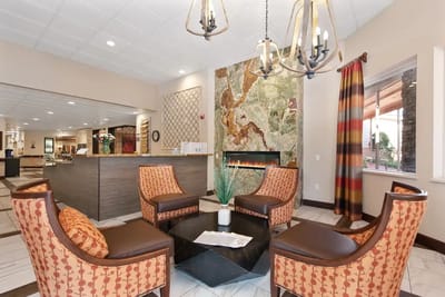 Interior view of a cozy lobby with seating