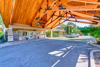 Building entrance with unique wooden architecture