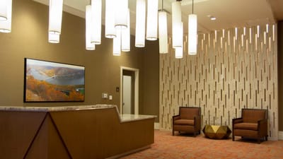 Lobby area with modern lighting and seating