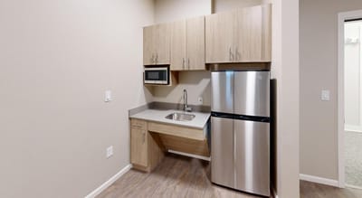 Interior kitchenette in a resident room
