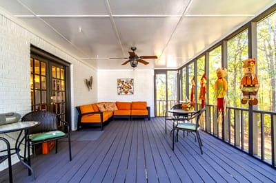 Bright common area with seating and decorative elements