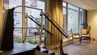 Interior view of rehabilitation equipment and outdoor space