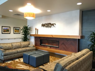 Cozy common area with comfortable seating and fireplace