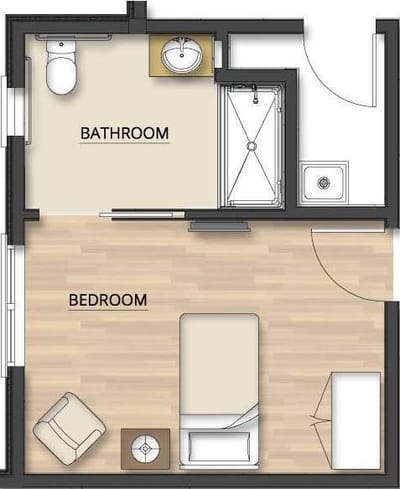 Floor plan of a bedroom and bathroom layout