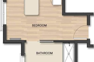 Architectural floor plan of a bedroom and bathroom layout