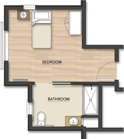 Architectural floor plan of a bedroom and bathroom