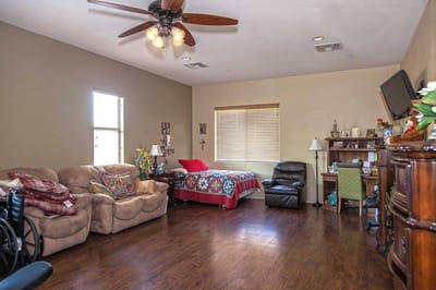 Cozy resident room with furniture and decorations
