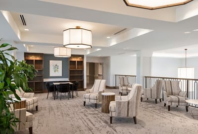 Bright common area with seating and decor