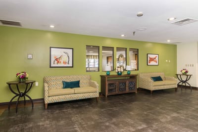 Interior view of a common area with seating