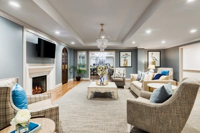 Bright common area with comfortable seating and decor