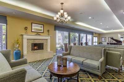 Bright common area with comfortable seating and fireplace