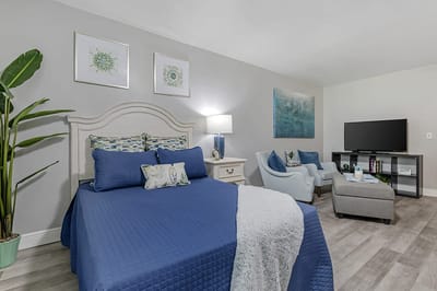 Cozy interior of a resident room with a blue theme