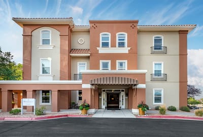 Exterior view of the assisted living facility with entrance