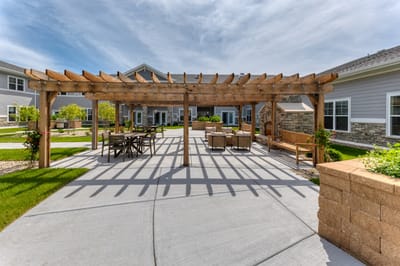 Outdoor patio area with shaded seating
