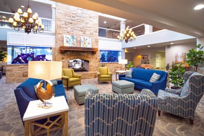 Cozy common area with comfortable seating and fireplace