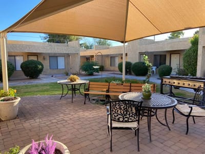 Outdoor seating area with shaded tables and plants