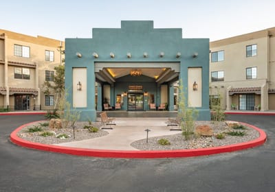 Exterior view of a senior living facility entrance