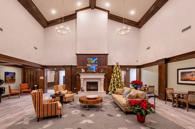 Bright, festive interior lounge with holiday decorations