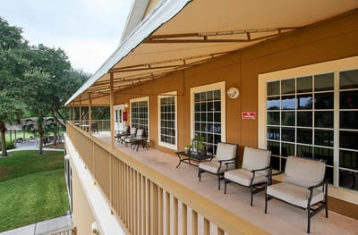 Outdoor balcony with seating area