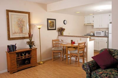 Cozy interior of a resident room with kitchenette