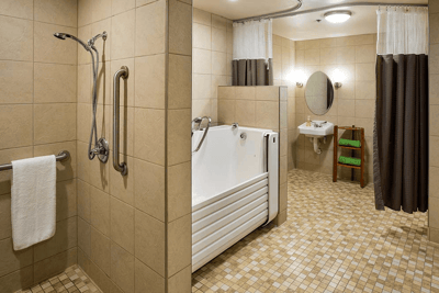 Interior view of an accessible bathroom with safety features