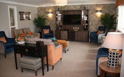 Interior view of a cozy common area with seating