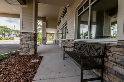 Outdoor seating area near the entrance