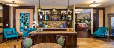 Bright common area with seating and decor