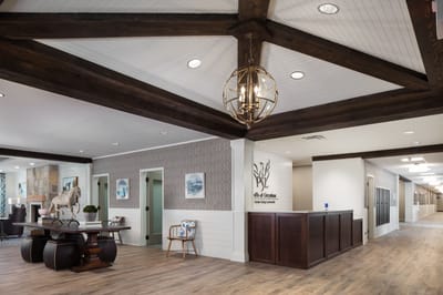 Bright interior lobby with modern decor and furnishings