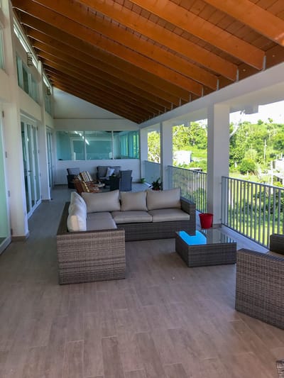 Outdoor seating area with modern furniture