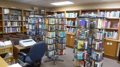 Interior view of a library with bookshelves