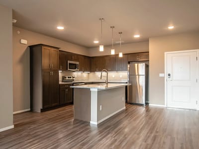 Modern kitchen in an assisted living facility apartment