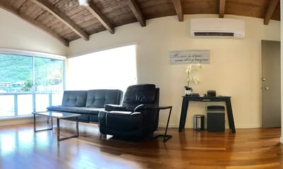 Interior of a common area with seating and natural light