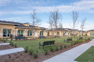 Outdoor view of benches and landscaped area