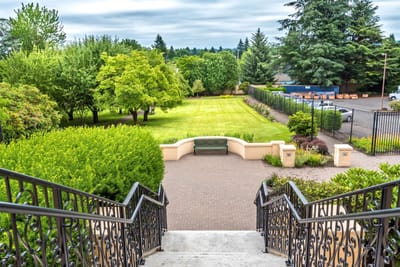 View of a landscaped outdoor space at St. Andrews Memory Care